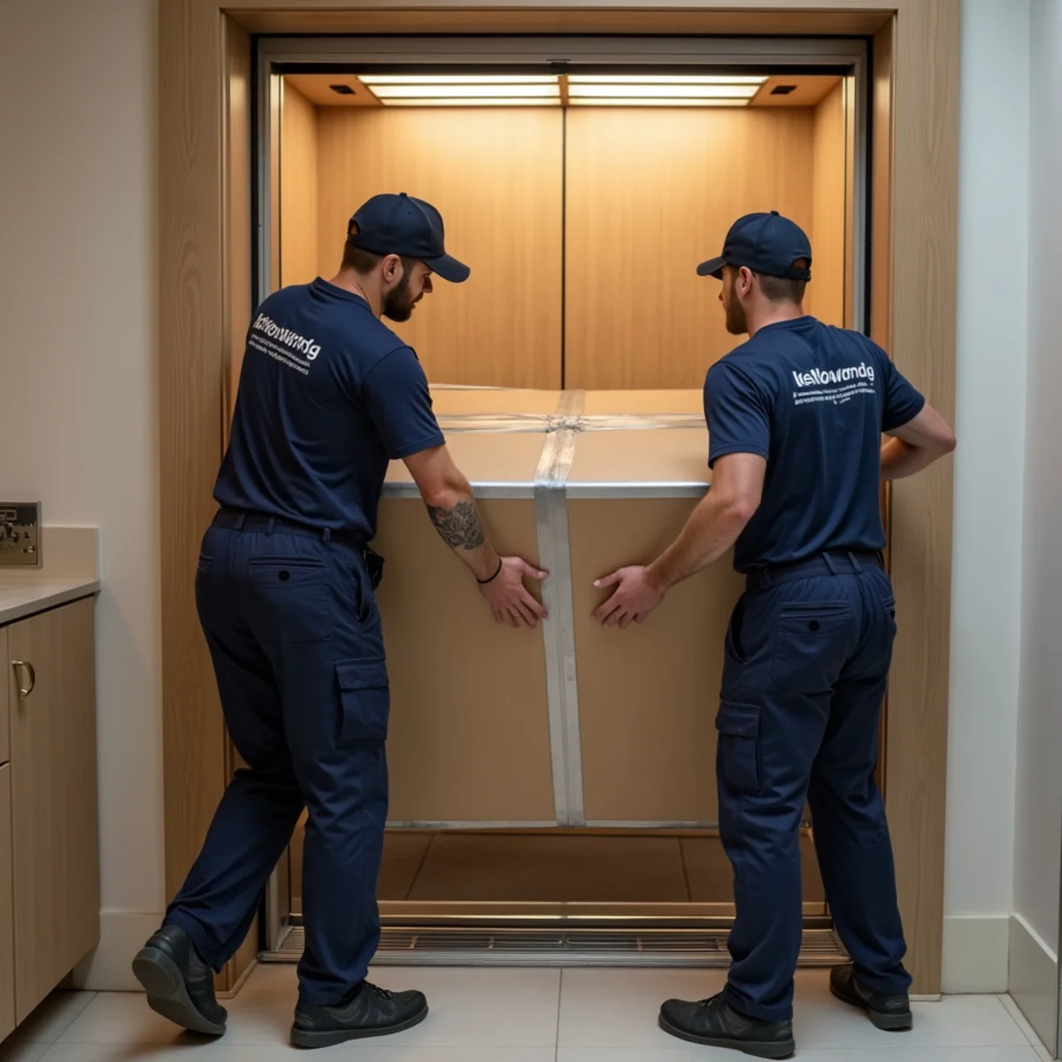 Movers maneuvering large television carton out of elevator padded with wall blankets