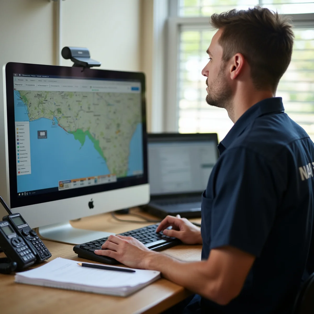 Dispatch coordinator reviewing South Florida moving routes on computer monitors