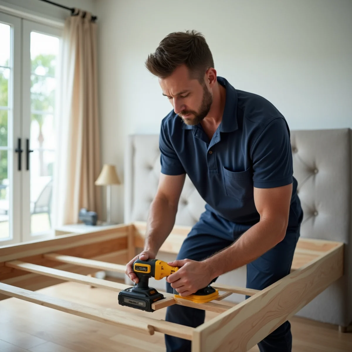 Moving technician assembling a bed frame with precision hand tools in Miramar FL