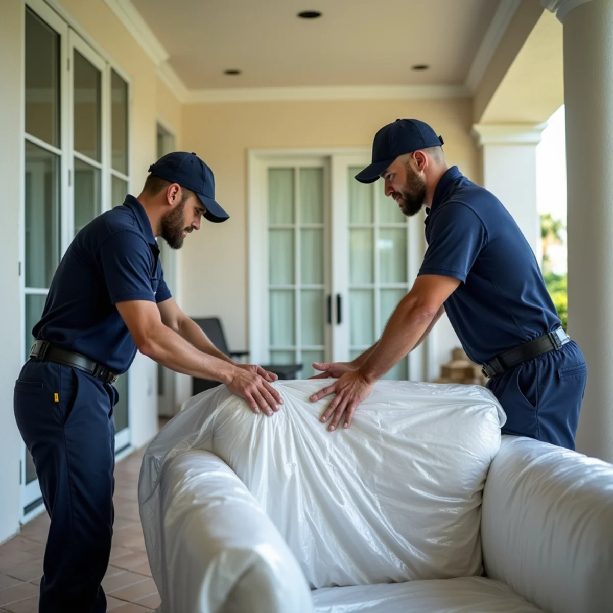 Movers securing waterproof protective wrap on furniture during hurricane season in Florida