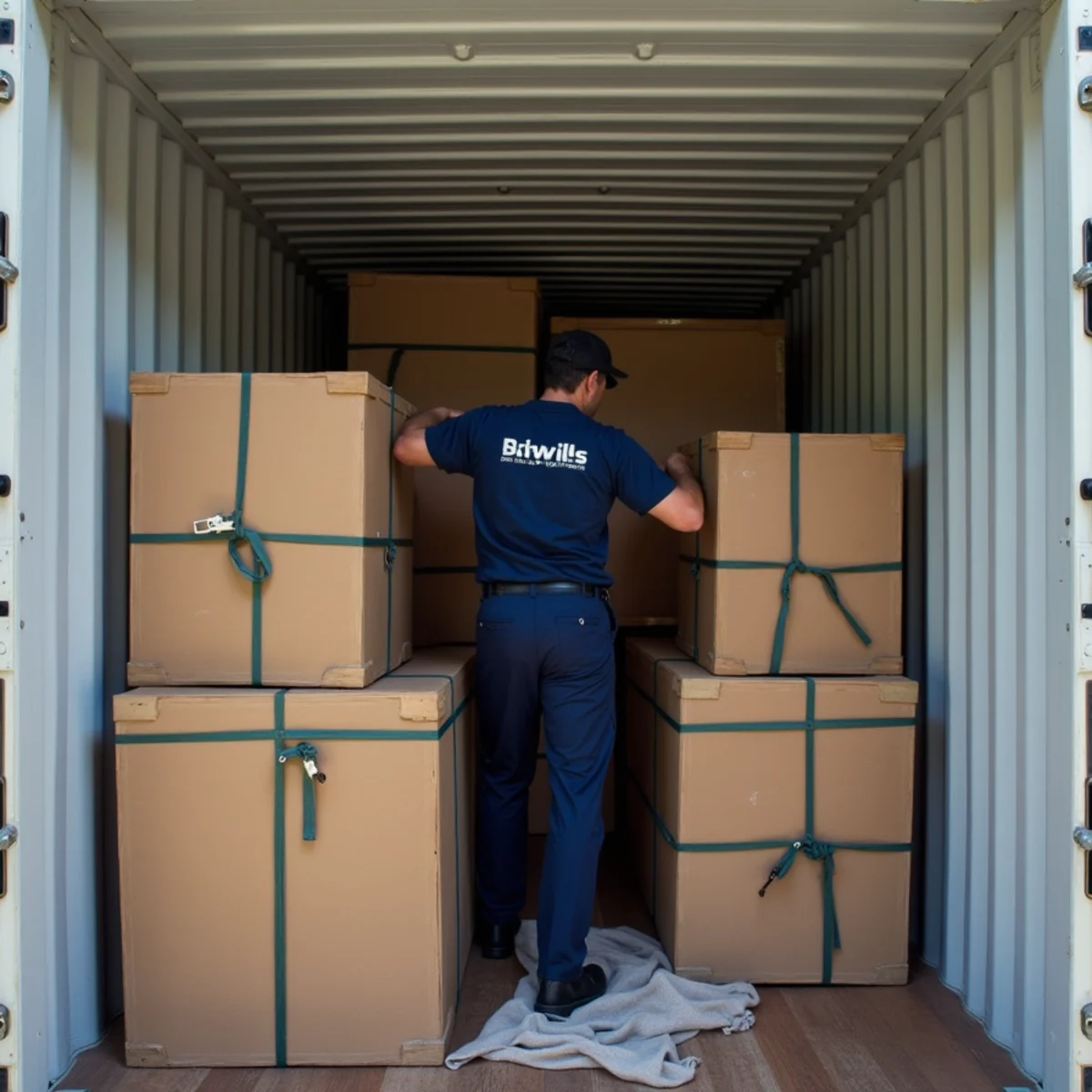 Interior view of portable storage container loaded floor-to-ceiling with padded furniture