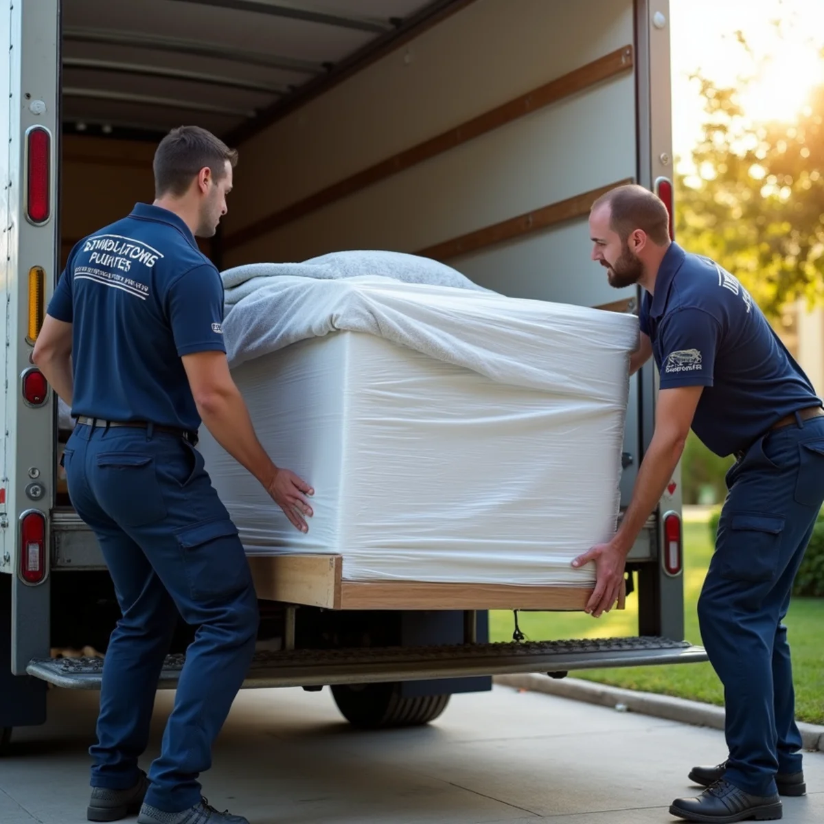 Crew members rapidly and methodically loading bedroom furniture into open truck