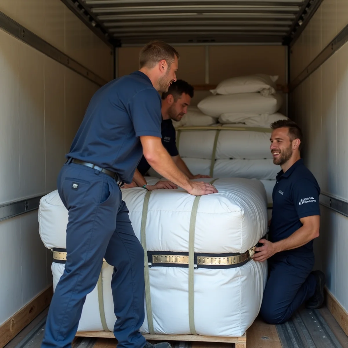 Movers securing interstate cargo with heavy-duty ratchet straps inside moving truck