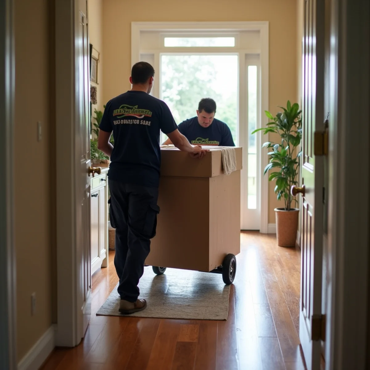 Movers rolling padded armoires through home entryway with floor protection runners