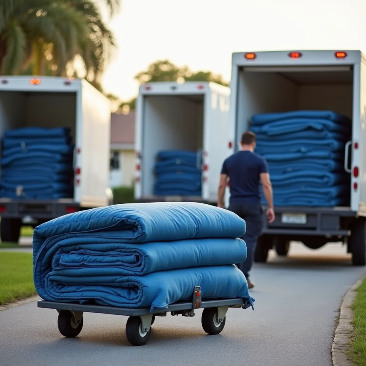 Three white Lifetime Moving trucks staged with clean blankets and dollies in Miramar FL