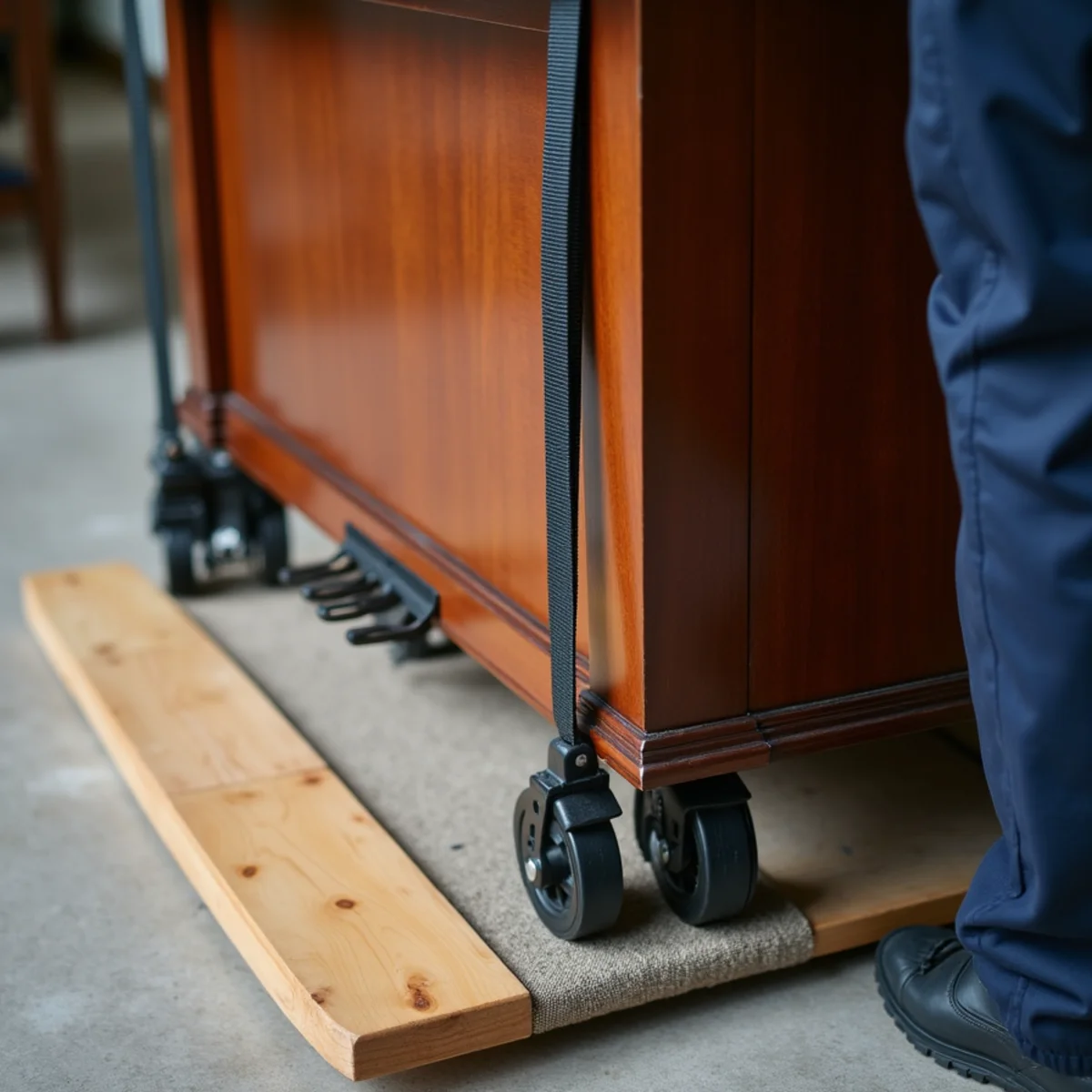 Close-up of heavy upright piano strapped securely to padded hardwood skid board