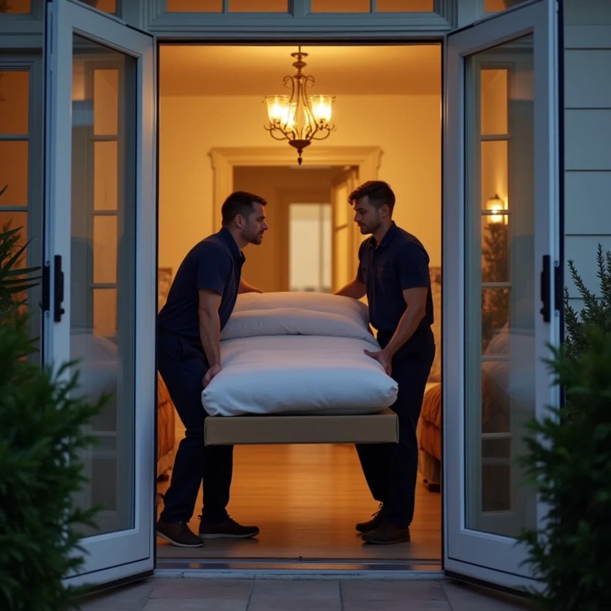 Moving crew carefully carrying padded headboard through front doorway after sunset